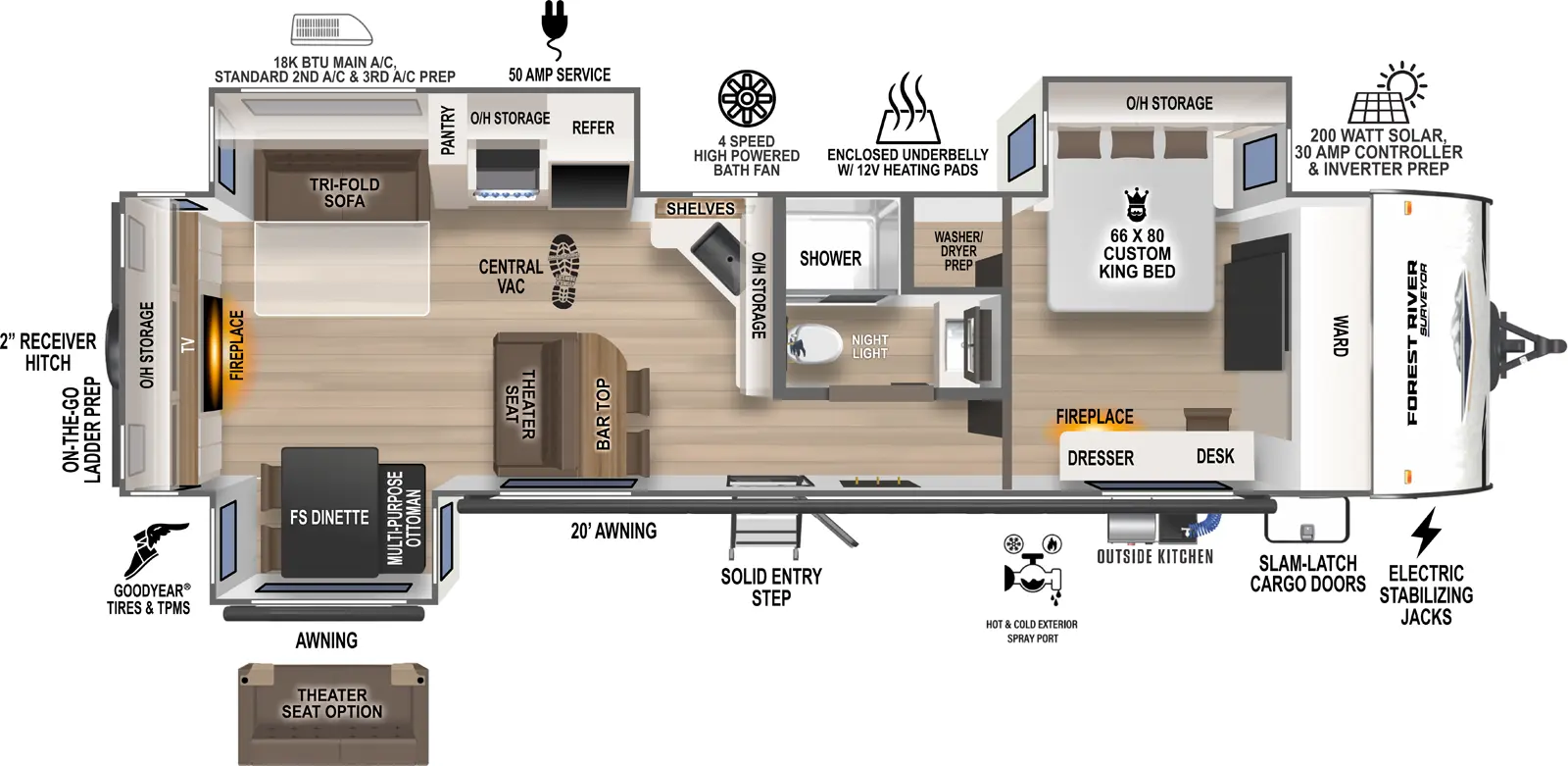 The Grand Surveyor 302RDBS has one entry and three slide outs. Exterior features include: fiberglass exterior, 20' awning and outside kitchen. Interiors features include: free-standing dinette option, front bedroom and rear living.